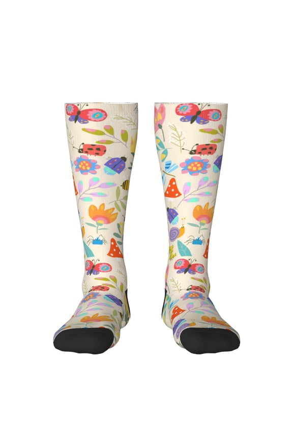 Insects In Plants print thigh-high socks, crafted for both men and women with a stretchy, high-opaque design perfect for daily wear