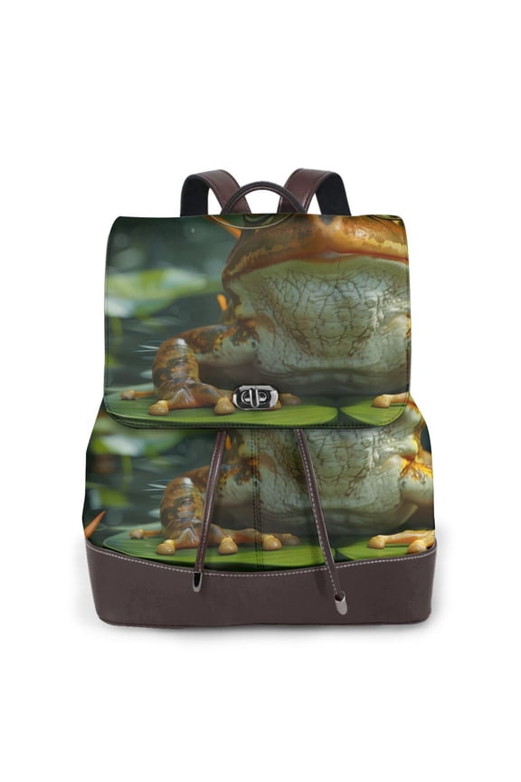 Intellectual Frog Pond Print Large Backpack Soft Leather for Women Travel with Compartment, Adjustable Convertible Strap