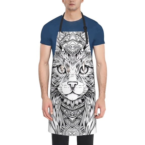 Xecao Intricate Cat Mandala Print Kitchen Cooking Aprons, Waterproof Adjustable Bib Aprons with 2 Pockets for Women Men Chef