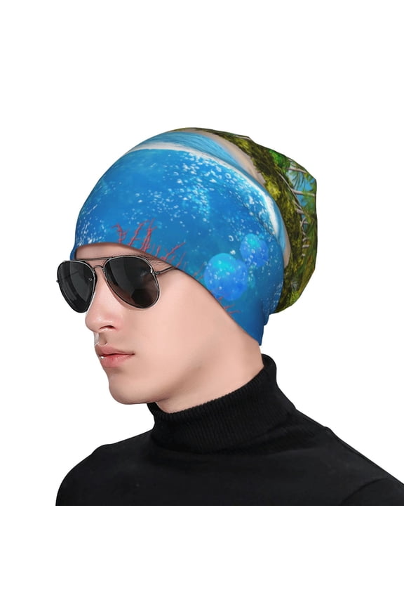 Island And Coral Reef Print Beanie Knitted Hat for Men Women, Winter Fashion Knit Cuffed Caps Unisex