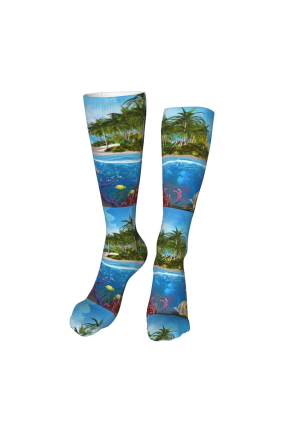 Island And Coral Reef Print Calf Socks Seamless Toe, Knee High Long Socks, Sports Socks Trouser Socks for Women and Men-One Size