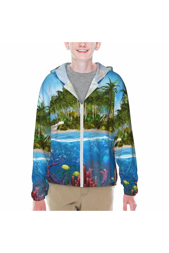 Island And Coral Reef Print Fishing Shirts for teenager Long Sleeve UV Sun Protection Hoodie with Zipper Outdoor Hiking Shirts-Small