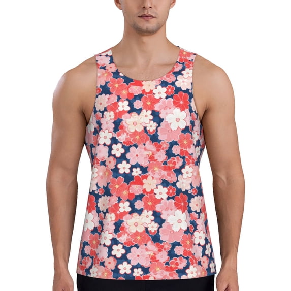 Xecao Japanese Cherry Blossoms Men's Tank Top Workout Quick Dry Sleeveless Gym Jogging Muscle Shirts Summer Swim Beach Tops