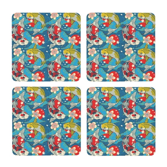 Xecao Japanese Koi for MDF Cork Coaster 4 Pcs,Drink Coasters,Suit for House Warming Gifts New Home ,Coffee Table Decor-Square
