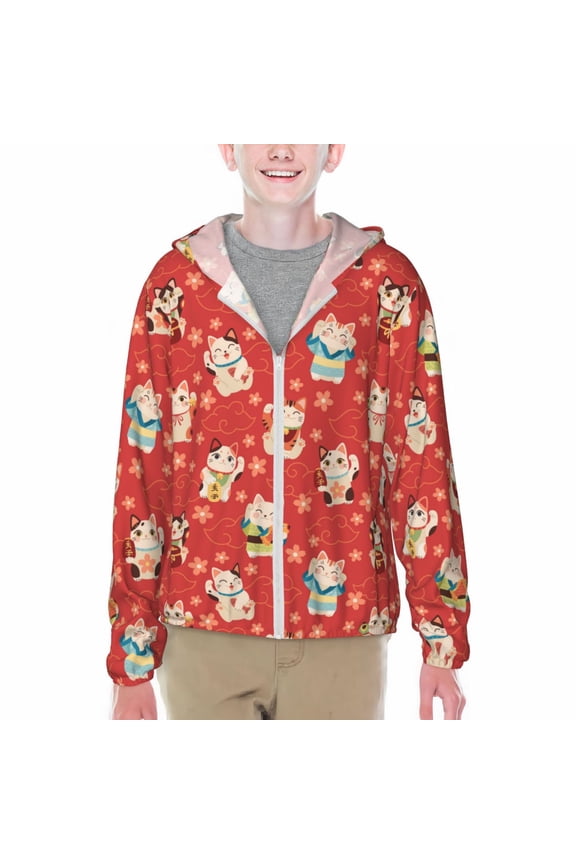 Japanese Maneki Cats Print Fishing Shirts for teenager Long Sleeve UV Sun Protection Hoodie with Zipper Outdoor Hiking Shirts-X-Large
