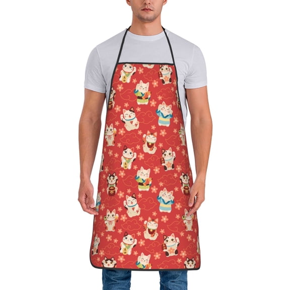 Xecao Japanese Maneki Cats Print Funny BBQ Chef Aprons for Men Women,Adjustable Kitchen Cooking Aprons with Pocket Waterproof Oil Proof No Pilling Fading
