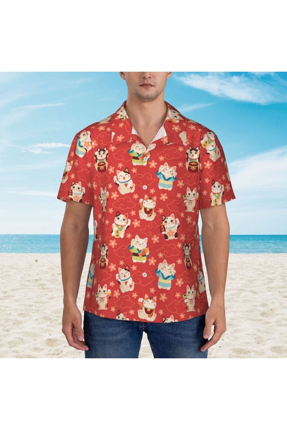 Japanese Maneki Cats print Hawaiian shirt - a stylish short-sleeve button-down for men, perfect for casual beach and tropical outings.