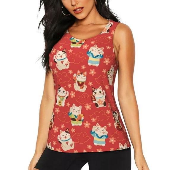 Xecao Japanese Maneki Cats print women's scoop neck, loose-fit workout tank tops for the gym.