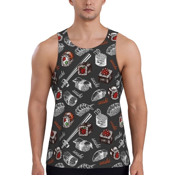Xecao Japanese Sushi Hashi Men's Tank Top Workout Quick Dry Sleeveless Gym Jogging Muscle Shirts Summer Swim Beach Tops