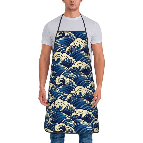 Xecao Japanese Water Wave Print Funny BBQ Chef Aprons for Men Women,Adjustable Kitchen Cooking Aprons with Pocket Waterproof Oil Proof No Pilling Fading
