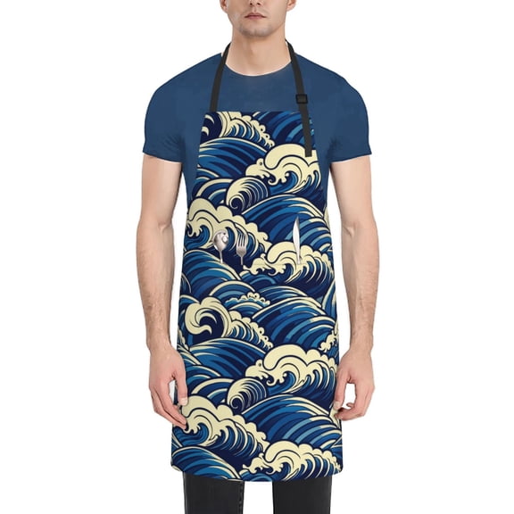 Xecao Japanese Water Wave Print Kitchen Cooking Aprons, Waterproof Adjustable Bib Aprons with 2 Pockets for Women Men Chef