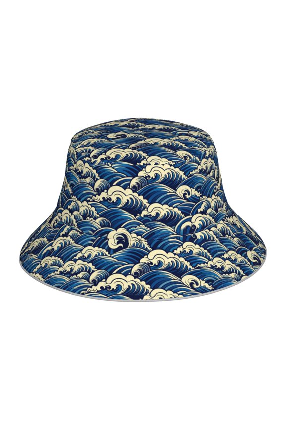 Japanese Water Wave Print Men and Women Night Reflective Hat Runner Cap Visor Bucket Hat Boonie Cap