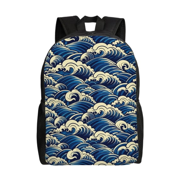 Xecao Japanese Water Wave Print School Backpack with Laptop Compartment Small Travel Laptop Backpack for Women Men Waterproof College Backpack Simple School Bag