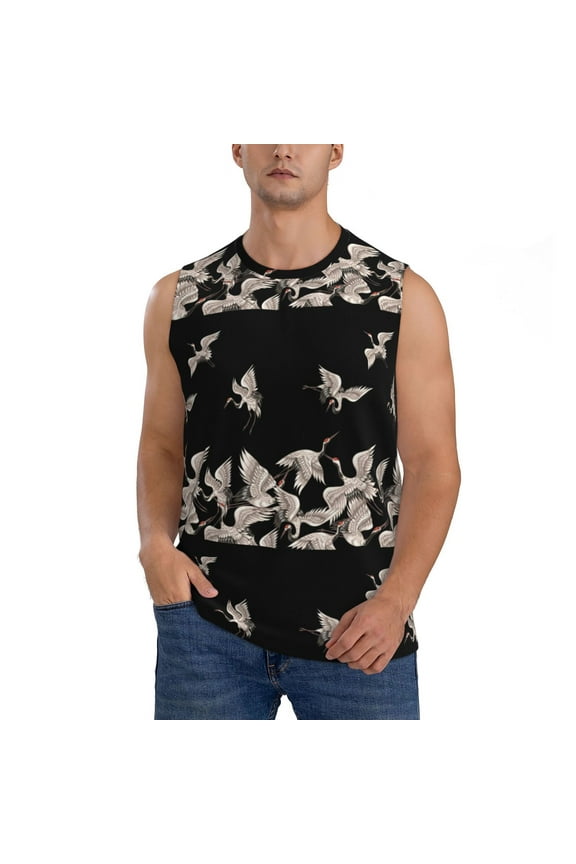 Japanese White Crane Print Men's Tank Top: Sleek Sleeveless Tee for Casual Sports and Beach Occasions-Medium