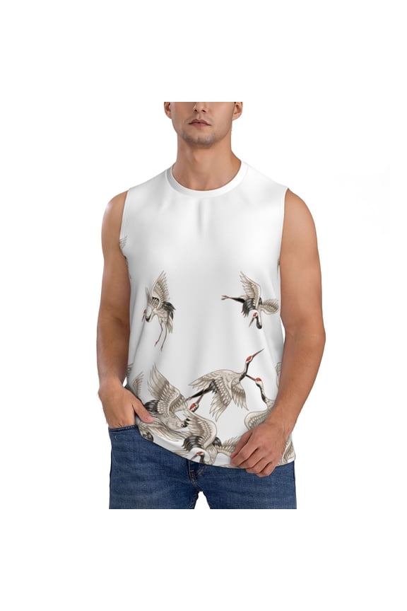 Japanese White Cranes Print Men's Tank Top: Sleek Sleeveless Tee for Casual Sports and Beach Occasions-Large