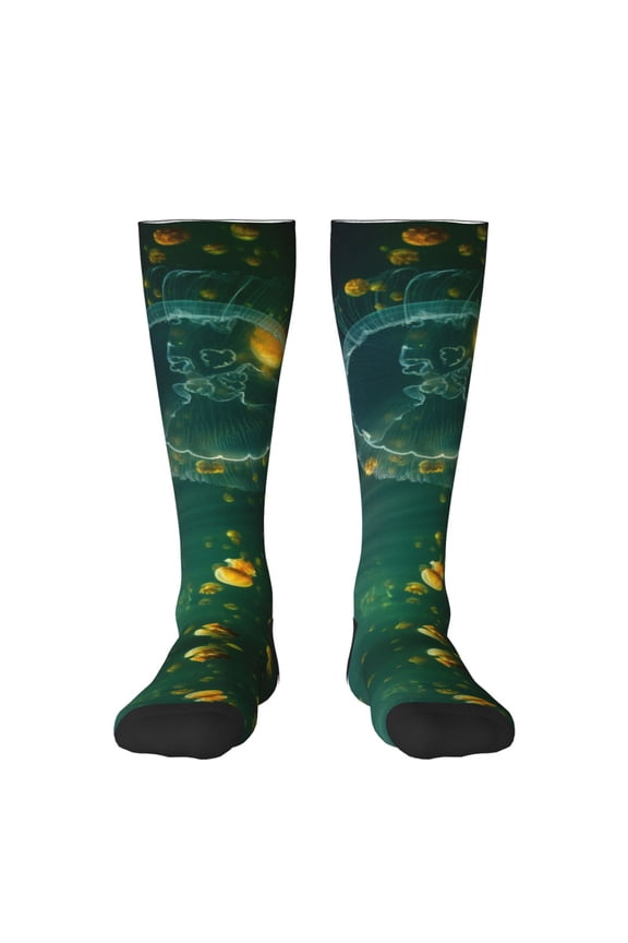 Jelly Fish print thigh-high socks, crafted for both men and women with a stretchy, high-opaque design perfect for daily wear