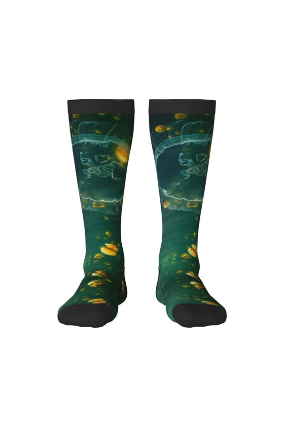 Jelly Fish print thigh-high socks, crafted for both men and women with a stretchy, high-opaque design perfect for daily wear