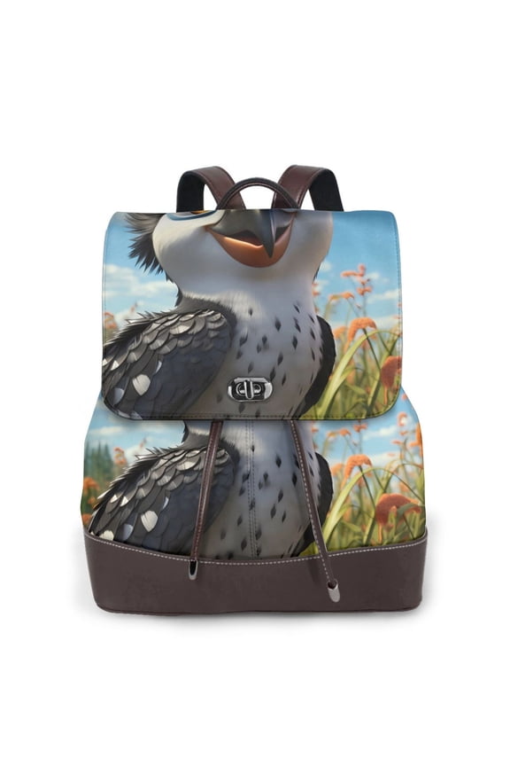 Joyful Animated Bird Print Large Backpack Soft Leather for Women Travel with Compartment, Adjustable Convertible Strap
