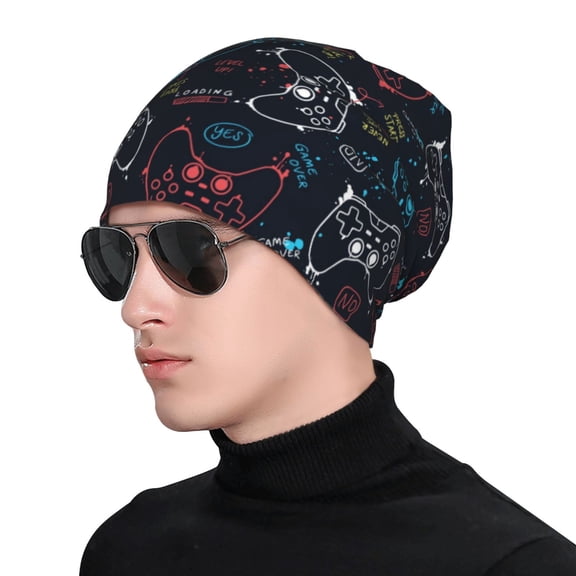 Xecao Joystick Gamepad Print Beanie Knitted Hat for Men Women, Winter Fashion Knit Cuffed Caps Unisex