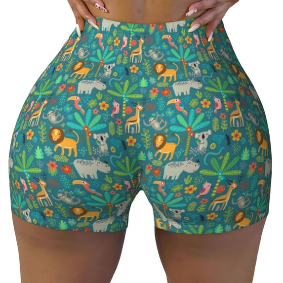 Xecao Jungle Animals Print Workout Shorts for Women Soft Smooth Gym Yoga Scrunch Active Tennis Workout Running Shorts