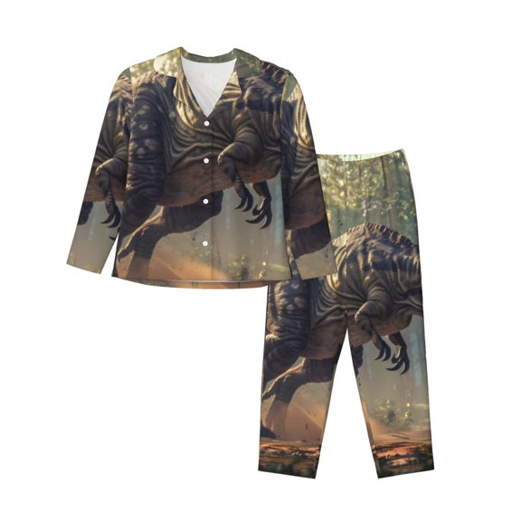 Xecao Jungle Dinosaur Print Women Pajamas Set Soft Sleepwear Pjs long Sleeve Button Down Nightwear with Long Pants