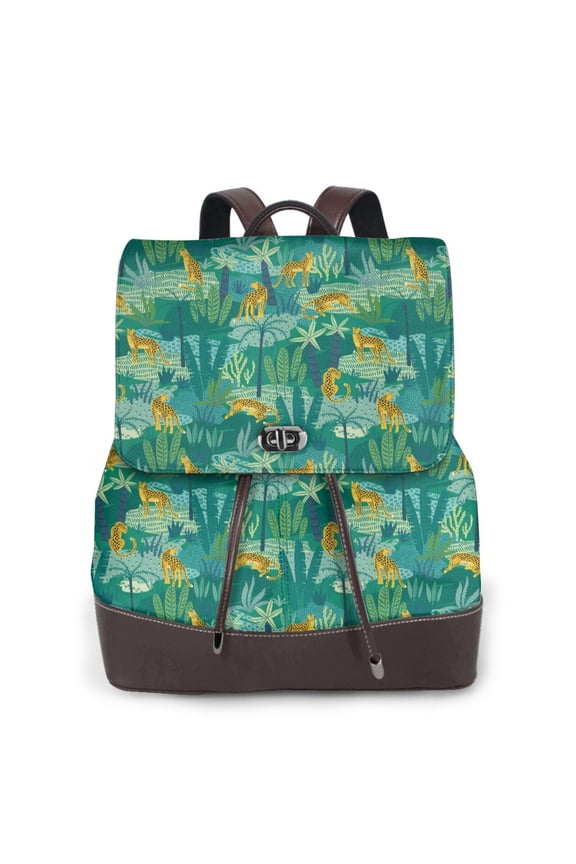 Jungle Leopard Print Large Backpack Soft Leather for Women Travel with Compartment, Adjustable Convertible Strap