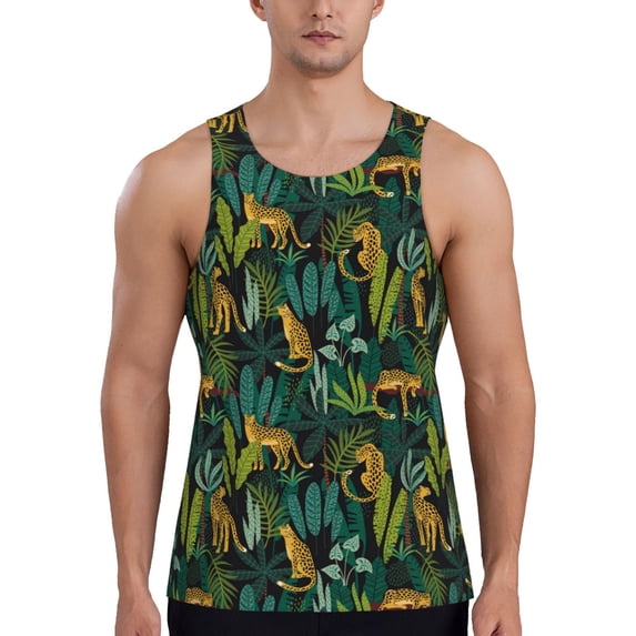 Xecao Jungle Leopard Yellow Men's Tank Top Workout Quick Dry Sleeveless Gym Jogging Muscle Shirts Summer Swim Beach Tops