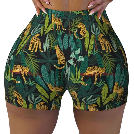 Xecao Jungle Leopard Yellow Print Workout Shorts for Women Soft Smooth Gym Yoga Scrunch Active Tennis Workout Running Shorts