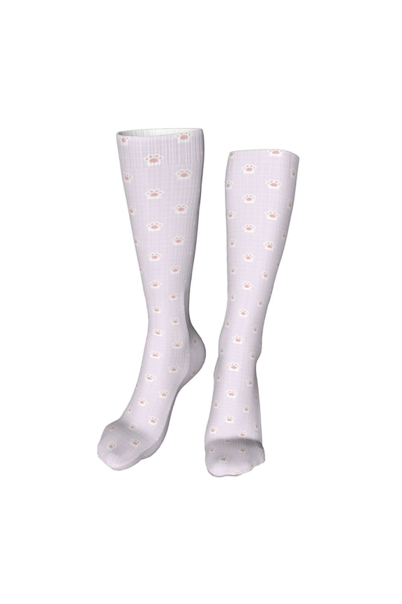 Kawaii Cat Paw Print Calf Socks Seamless Toe, Knee High Long Socks, Sports Socks Trouser Socks for Women and Men-One Size