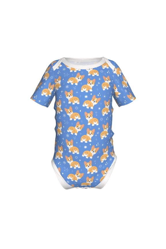 Kawaii Corgi Pattern Baby Climbing Bodysuit Short Sleeve Onesie Unisex 0-12 Months Baby Shirt Newborn Outfits Crotch snap design-