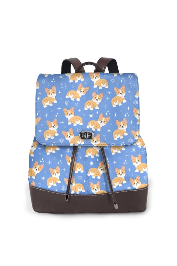 Kawaii Corgi Print Large Backpack Soft Leather for Women Travel with Compartment, Adjustable Convertible Strap