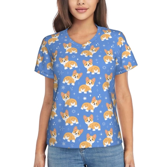 Xecao Kawaii Corgi for Women's V-Neck T-Shirts-Elegant Half-Sleeve Tops Perfect for Summer-X-Large