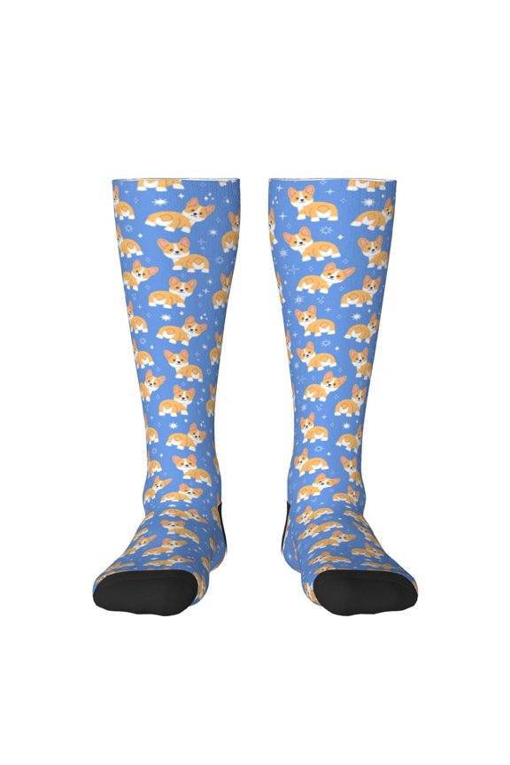 Kawaii Corgi print thigh-high socks, crafted for both men and women with a stretchy, high-opaque design perfect for daily wear