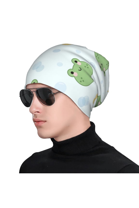 Kawaii Frogs Print Beanie Knitted Hat for Men Women, Winter Fashion Knit Cuffed Caps Unisex