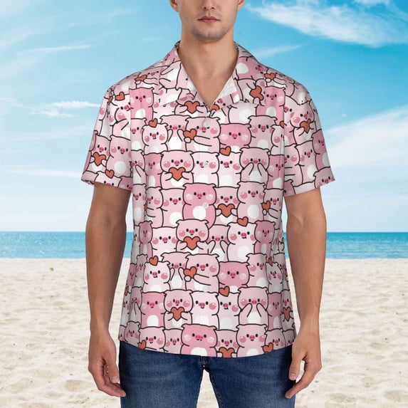Xecao Kawaii Pig print Hawaiian shirt - a stylish short-sleeve button-down for men, perfect for casual beach and tropical outings.