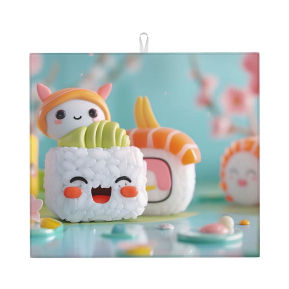 Xecao Kawaii Sushi Characters Delight Print Dish Drying Mat for Kitchen Counter,Absorbent Coffee Bar Mat, Dish Drainer Rack Mats,Dining Room Decoration