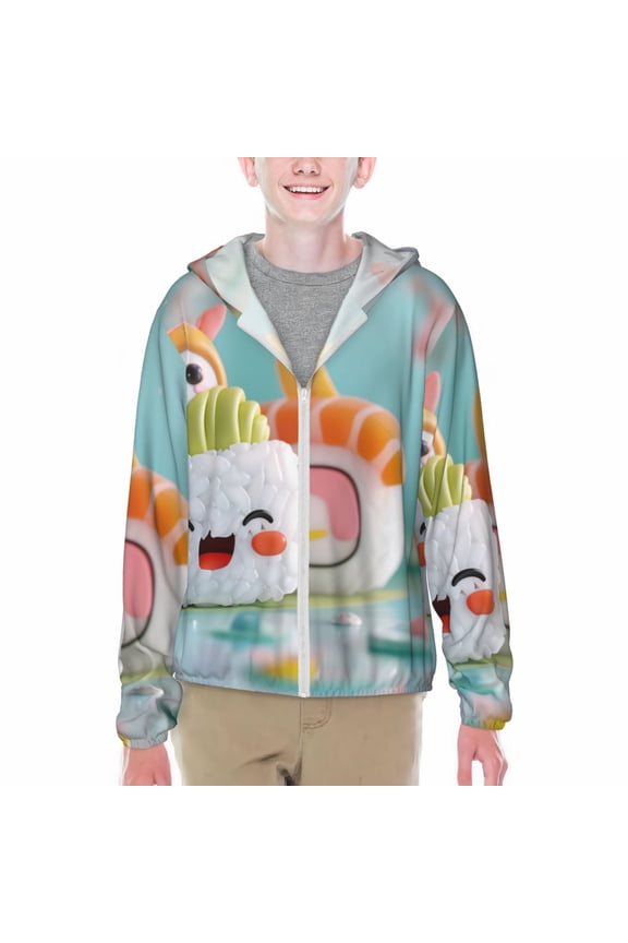 Kawaii Sushi Characters Delight Print Fishing Shirts for teenager Long Sleeve UV Sun Protection Hoodie with Zipper Outdoor Hiking Shirts-Small