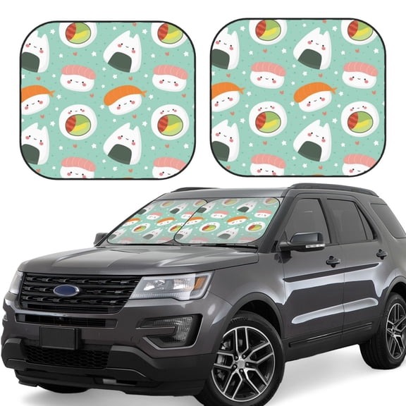 Xecao Kawaii Sushi for Foldable Car Sun Shades (2-Pack) offer sun protection with an easy-fold design for convenient windshield shading.