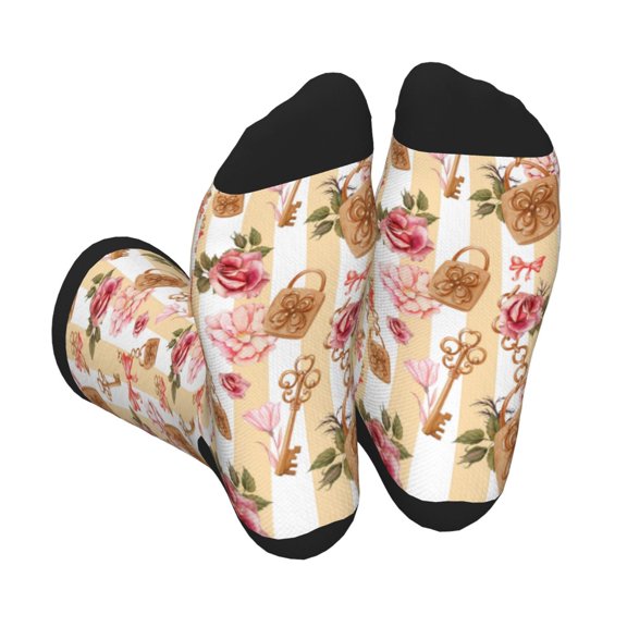 Xecao Key Lock And Flowers Print Crew Socks for Men and Women, Men's Soft Moisture-wicking Sock