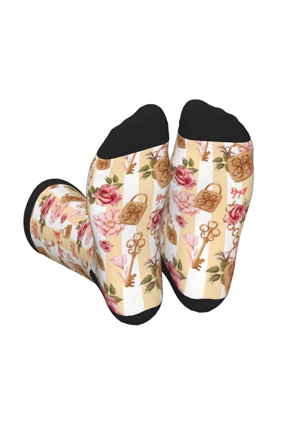 Key Lock And Flowers Print Crew Socks for Men and Women, Men's Soft Moisture-wicking Sock