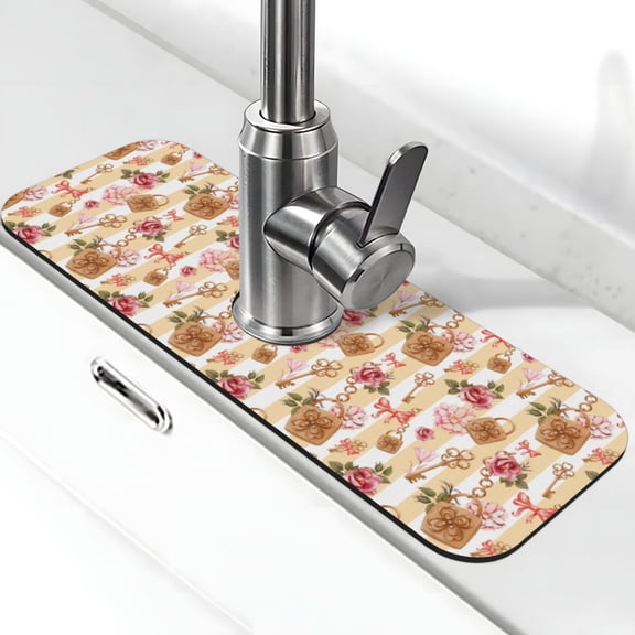 Xecao Key Lock And Flowers for Kitchen Sink Splash Guard Faucet Mat , Faucet Guard & Draining mat, (15" X 5.5" )
