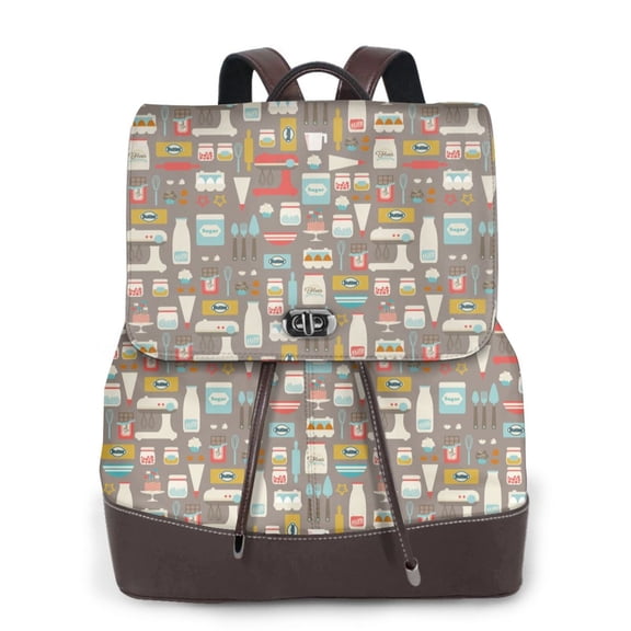 Xecao Kitchen Food Print Large Backpack Soft Leather for Women Travel with Compartment, Adjustable Convertible Strap