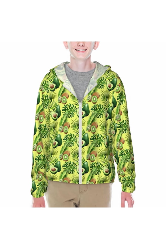 Kiwi and Avocado Print Fishing Shirts for teenager Long Sleeve UV Sun Protection Hoodie with Zipper Outdoor Hiking Shirts-Large