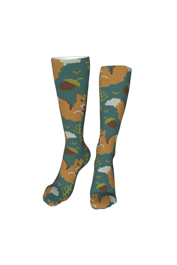 Knitted Woodland Squirrel Print Calf Socks Seamless Toe, Knee High Long Socks, Sports Socks Trouser Socks for Women and Men-One Size