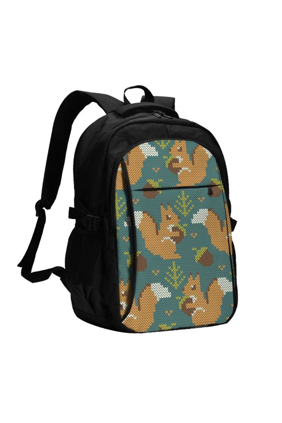Knitted Woodland Squirrel for Travel Laptop Backpack, USB-Charging-Enabled, Spacious Business Backpack for Men and Women,College School Computer Bag