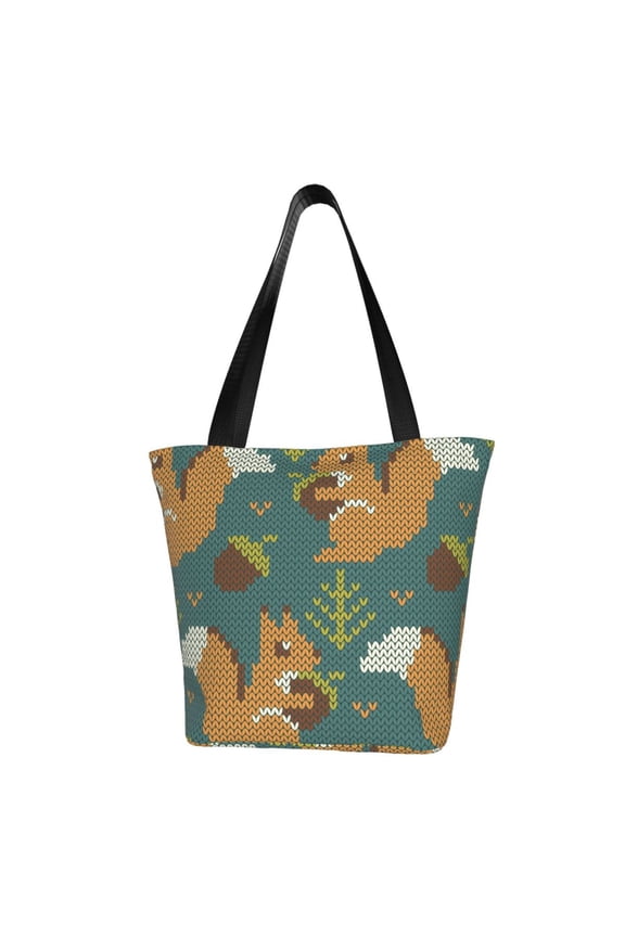 Knitted Woodland Squirrel for Tote Bag for Women -Tote Shoulder Bag with A Little Pocket Inside, Perfect for Travel and Work.