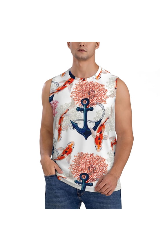 Koi Fish And Corals Print Men's Tank Top: Sleek Sleeveless Tee for Casual Sports and Beach Occasions-Medium