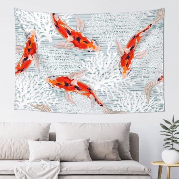 Xecao Koi Fish Corals,Spring Summer Print Tapestry, Wall Hanging Room Funny Decor, Backdrop Room Decor for Bedroom Living Room dormitory