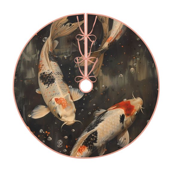Xecao Koi Fish Tranquility Pattern Christmas Tree Skirt Round Xmas Tree Mat Base Cover for Holiday Home Decorations-30"