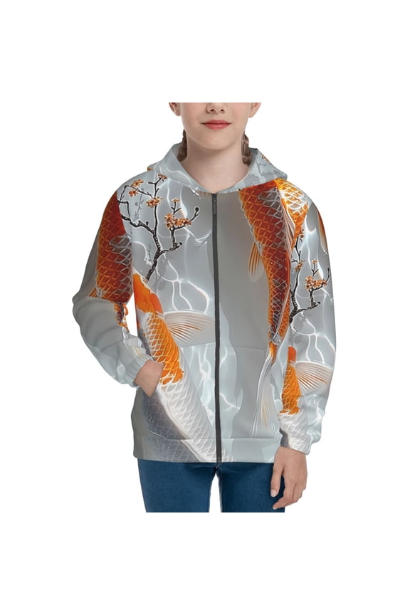 Koi Fish Water Pattern Zip Up Hoodies for Boys Girls, Sweatshirt with Pockets-Small